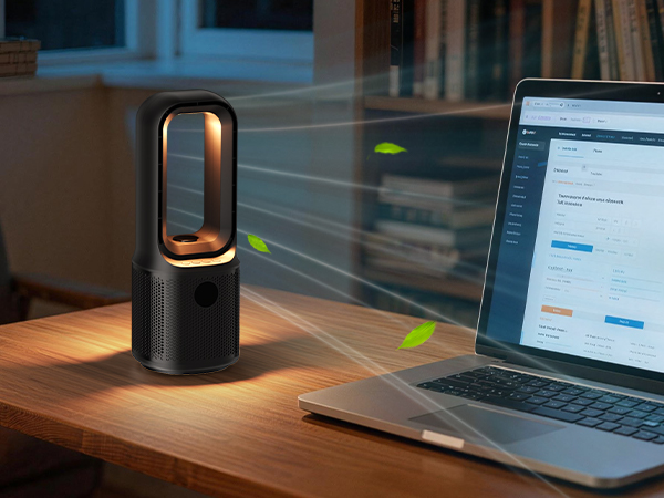 Quiet desk fan beside laptop – gentle breeze for focused work at home office