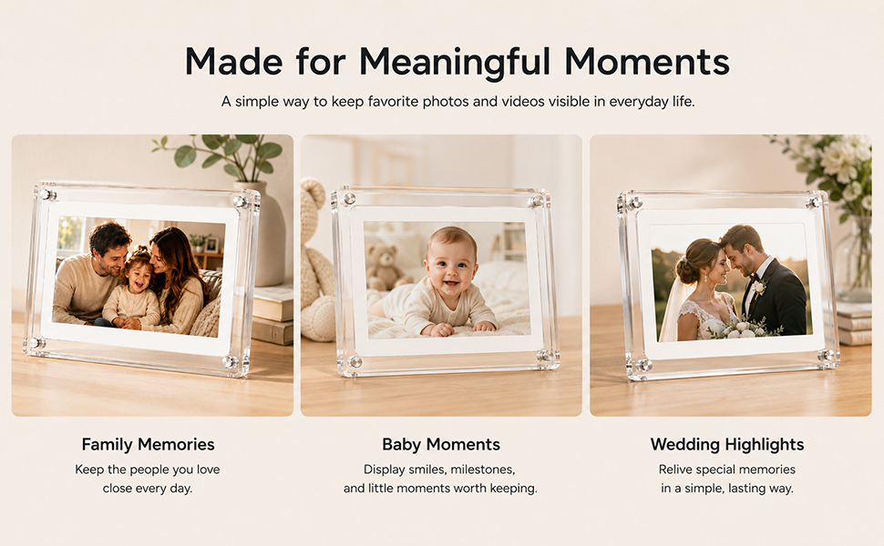 Acrylic digital photo frames showing family, baby, and wedding memory display examples