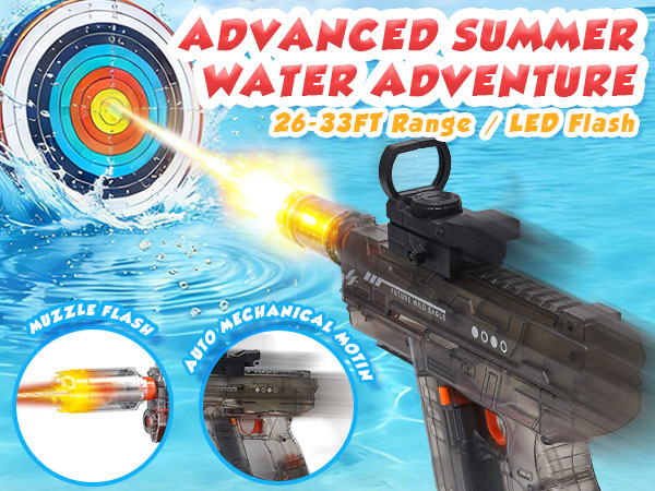 Nicojoy motorized water blaster with scope and LED lights for professional outdoor water battle.