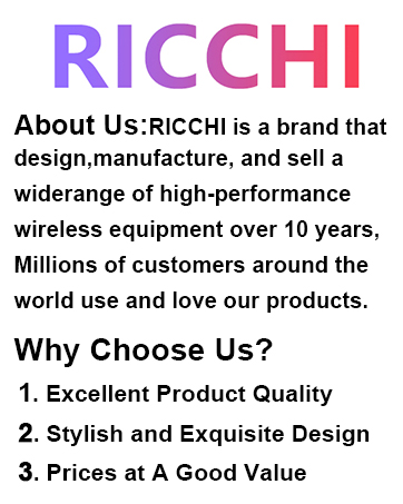 Text reads "RICCHI About Us: RICCHI is a brand that design, manufacture, and sell a widerange of high-performance wireless equipment over 10 years. Millions of customers around the world use and love our products. Why Choose Us? 1. Excellent Product Quality 2. Stylish and Exquisite Design 3. Prices at A Good Value". Brand information and value proposition text on light background.