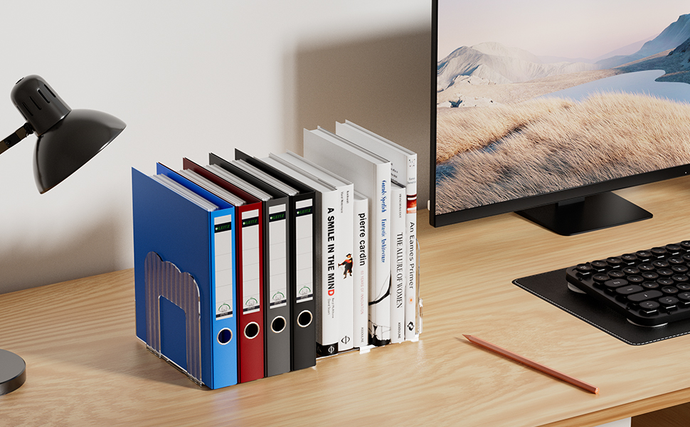 Demonstration of black mounting bracket holding multiple office binders and folders on wooden desk surface.