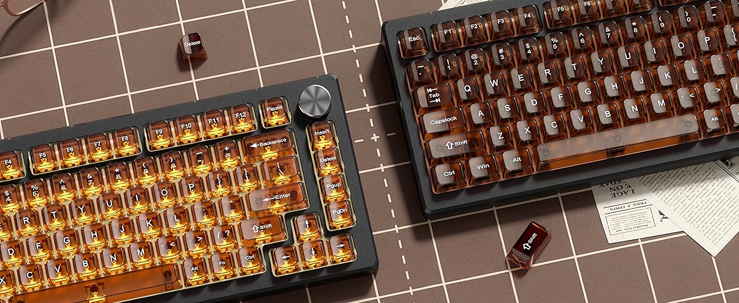 Brown Clear keycaps,Coffee Transparent keycaps 75%,Ceramic Jelly Key caps Set,Shine Through key caps