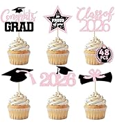 48 PCS Grad Cupcake Toppers, 6 Styles Graduation Cake Topper, Congrats Glittery Graduation Decora...