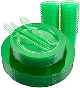 COLOSUS 36 Guests Plates Clear Green Plastic Plates Silverware &amp; Cups Include 36 Dinner Plates 36...