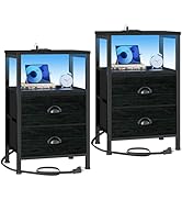 Furologee Nightstands Set of 2, End Tables with Charging Station and LED Lights, Black Night Stan...