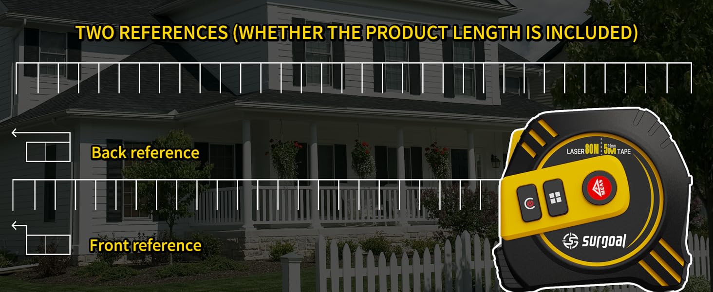 laser measuring tape, black and yellow design, front and back reference display.