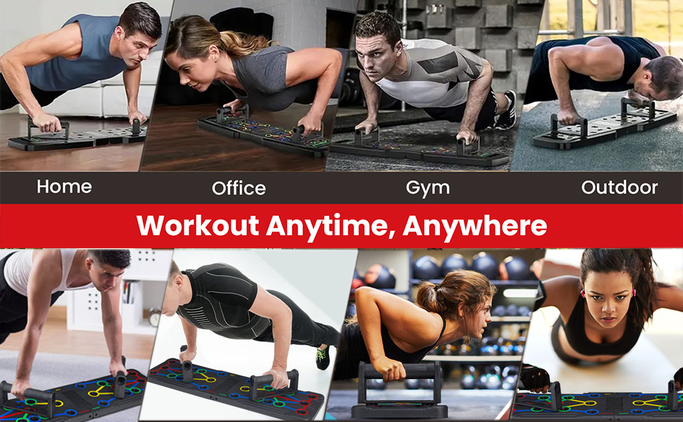 Portable exercise platform shown in various settings: home, office, gym, and outdoors. People demonstrate push-up exercises on the compact device, emphasizing its versatility for workouts anywhere.