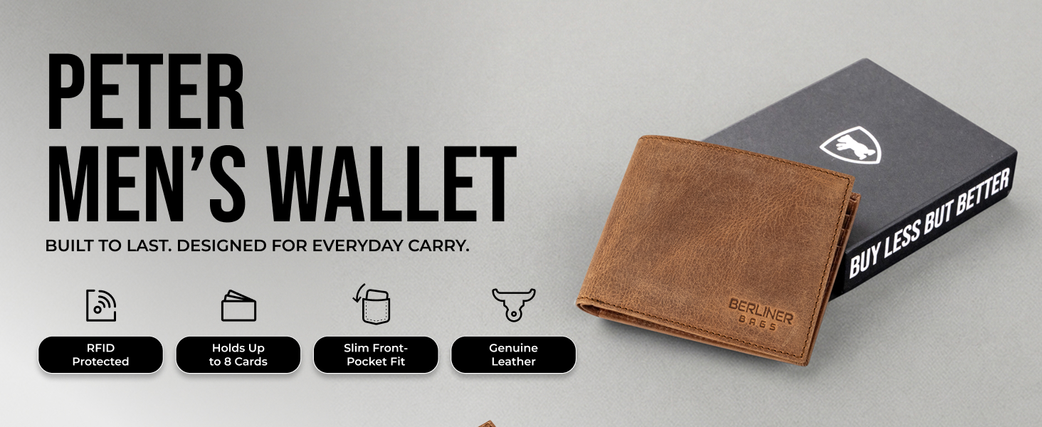Peter mens wallet brown leather RFID bifold wallet with gift box, slim 8 card design