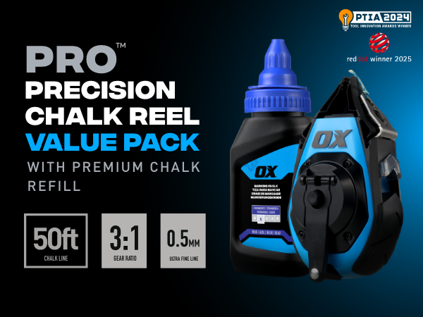 The OX Pro Aluminum Chalk Reel Value Pack with chalk refill, a 50 foot fine line and 3:1 gear ratio.
