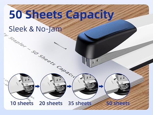 This heavy-duty stapler can staple 50 sheets. This stapler offers a high-quality, no-jam stapling.