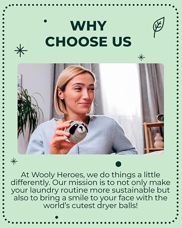 Woman holding a wool dryer ball and smiling during laundry routine