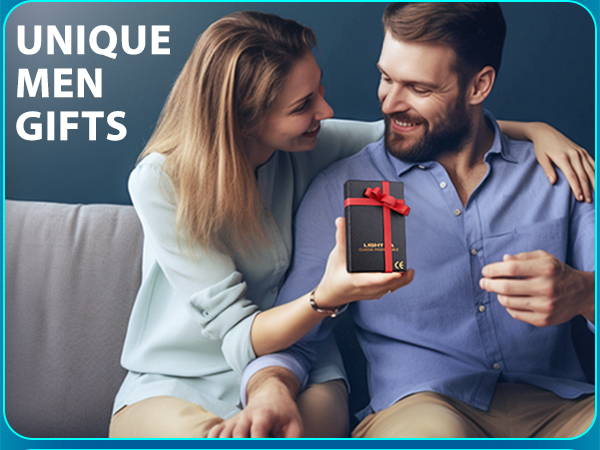 Advertisement showing 'Unique Men Gifts' text overlay on image of couple on couch, with small red gift box being exchanged.
