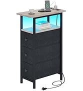 TRIFEBLE End Table with Charging Station, Narrow Side Table with 3 Fabric Drawers, Skinny Nightst...