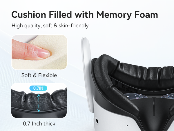 Close-up details of black cushion with memory foam padding, showing 0.7-inch thickness measurement and soft, flexible material properties.