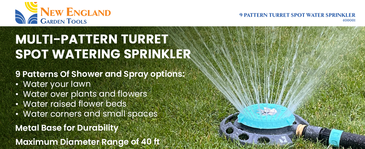 New England Garden Tools 400001 9 Multi-Pattern Turret Spot Watering Sprinkler Shower and Spray