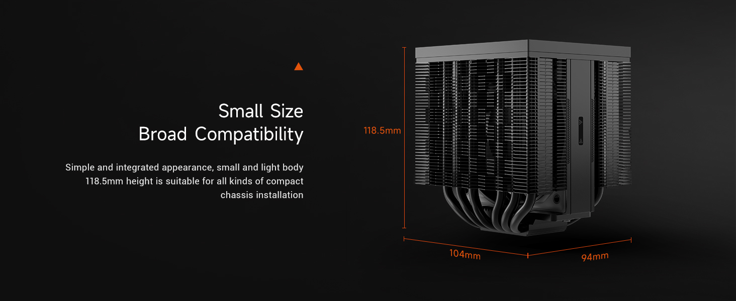 Text reads: 'Small Size Broad Compatibility'. Technical schematic showing dimensions of a black cooling unit or heat exchanger with detailed measurements.