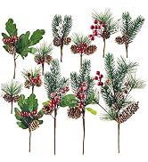 Yixiang 12Pack Artificial Christmas Picks Assorted Red Berry Picks Stems Faux Pine Picks Spray wi...
