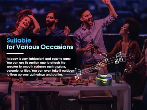 Text reads 'Suitable for Various Occasions'. Party scene showing people enjoying music with LED speaker on table. Dark atmosphere with blue lighting.