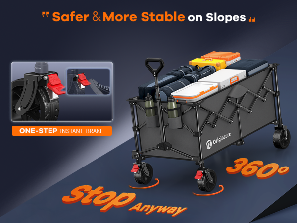 Two front wheels brake keeps the collapsible wagon safe and stable on the slope