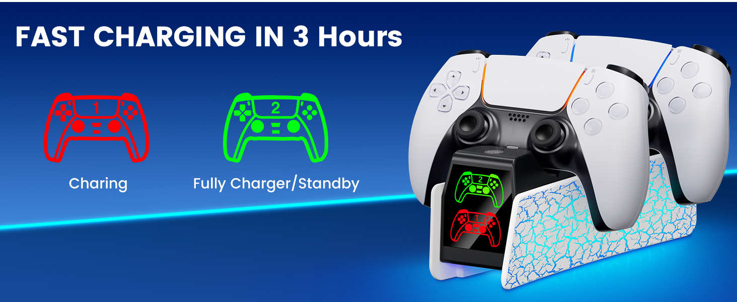 Text reads 'FAST CHARGING IN 3 Hours'. Gaming controller charging station with LED indicators showing charging status and fully charged state.
