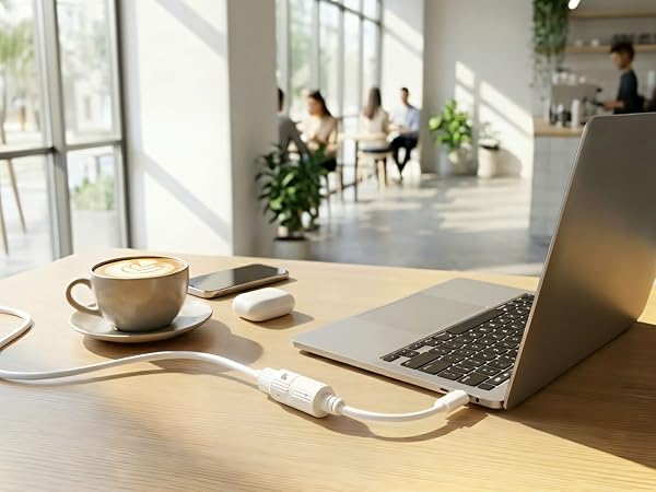 Workspace scene showing laptop, coffee cup, notebook, and pen on wooden desk near sunlit window with plants in background.