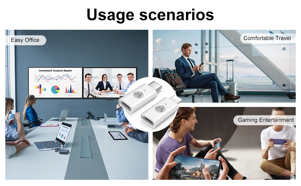 Text reads 'Usage scenarios'. Series of office environment photos showing people working at desks and in meeting rooms, demonstrating professional workplace scenarios.