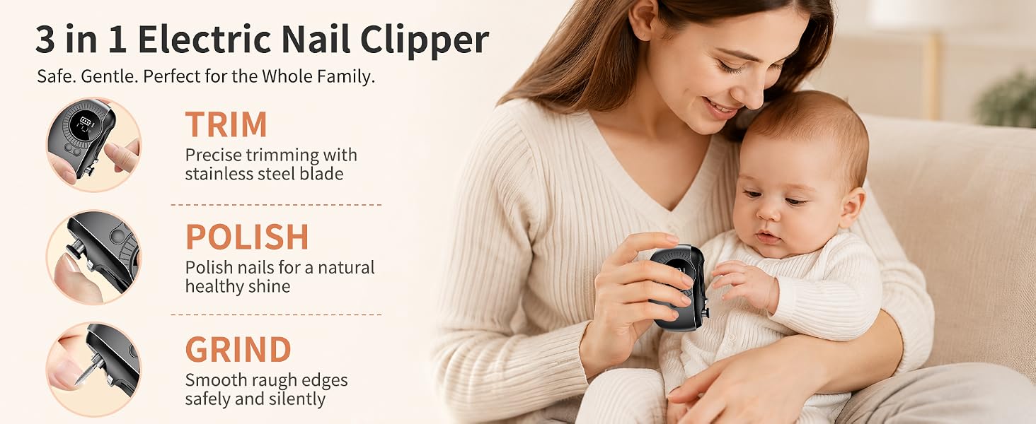 3 in 1 electric nail clipper. trim/polish/grind. perfect for the whole family