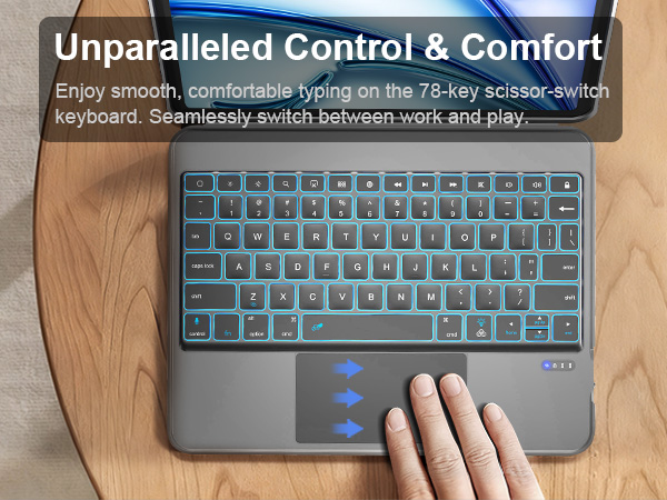 Text reads 'Image 4', 'Unparalleled Control &amp; Comfort', 'Enjoy smooth, comfortable typing on the 78-key scissor-switch keyboard. Seamlessly switch between work and play'. Shows multiple views of a backlit keyboard with blue illumination.