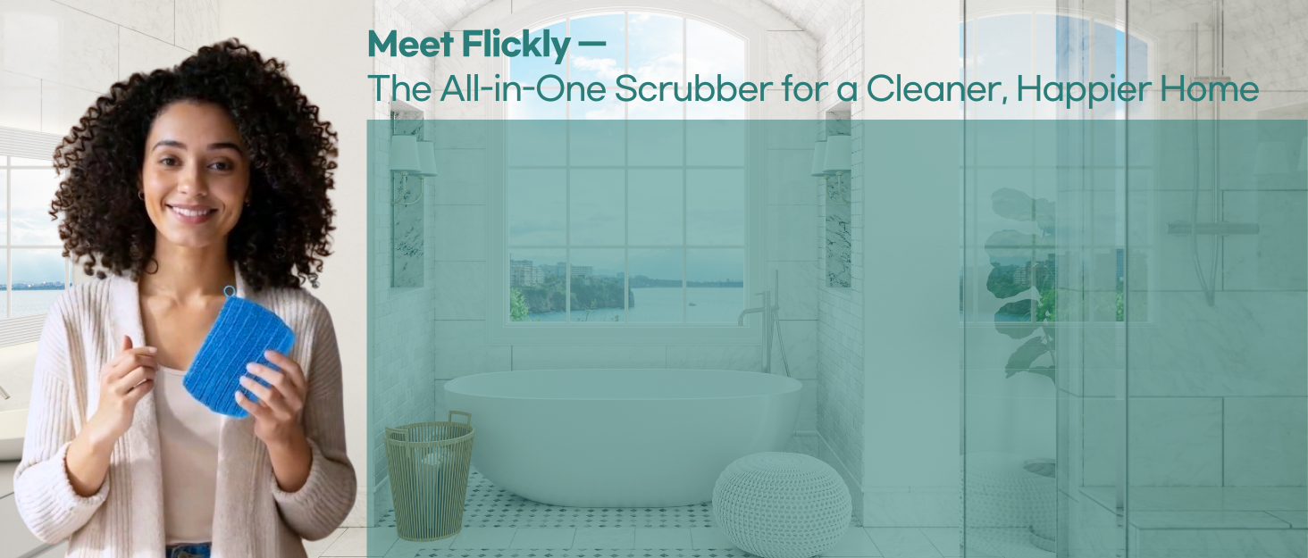 Woman holding blue Flickly scrubber with text: The All-in-One Scrubber for a Cleaner, Happier Home.