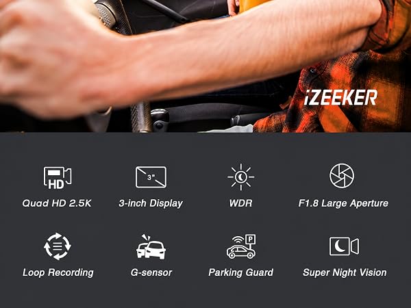 iZEEKER 2.5K dash cam with 3-inch display, night vision, loop recording, G-sensor, parking guard