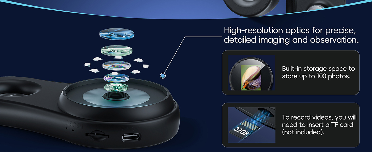Technical product diagram showing multi-layer lens system with storage specifications and detailed imaging capabilities displayed on dark blue background.
