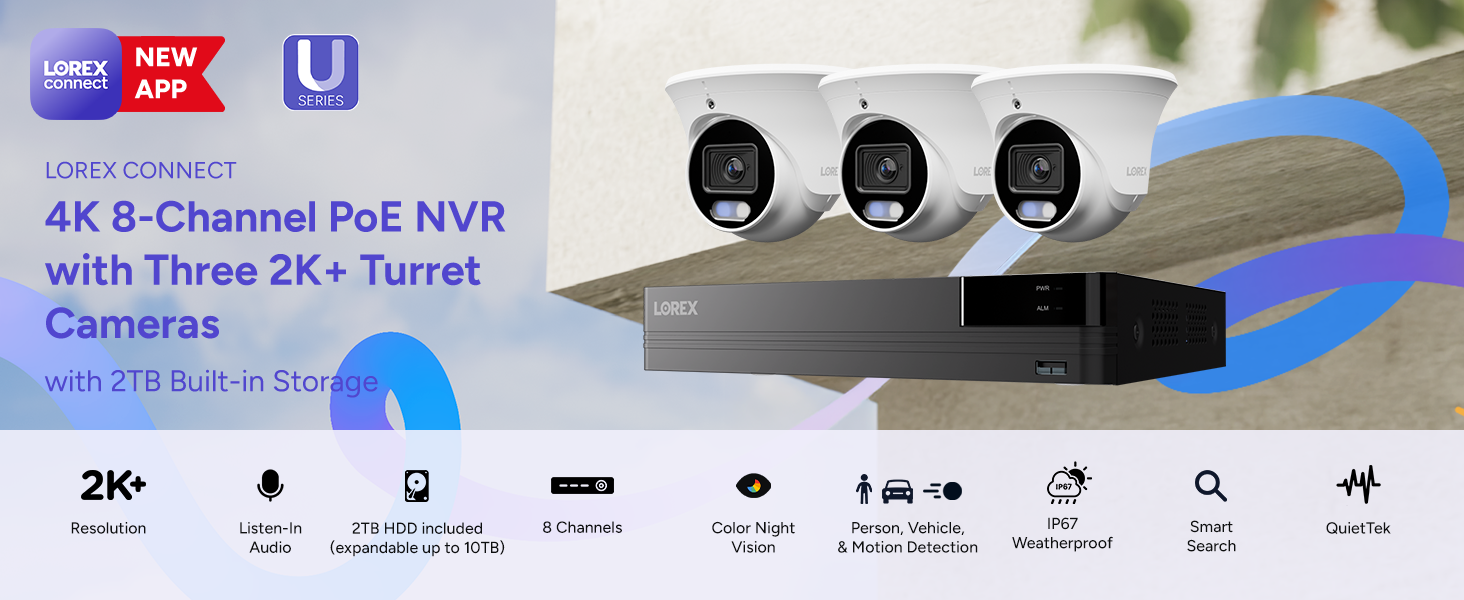 Lorex Connect 4K 8 Channel PoE NVR with Three 2K+ Turret Cameras