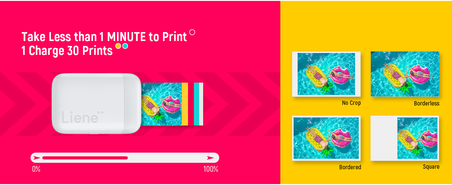 Compact photo printer device in white, showing quick print capability in under 1 minute. Display shows multiple prints of same colorful image.
