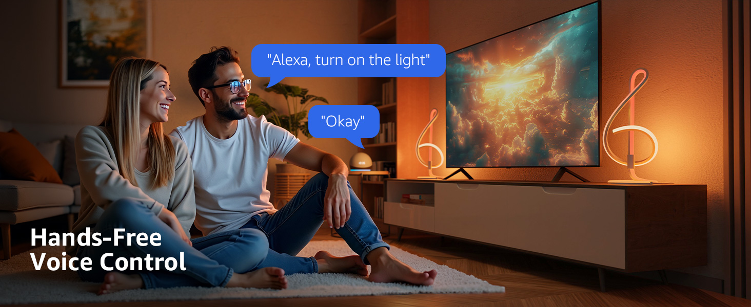 Smart home entertainment setup featuring 'Hands-Free Voice Control' text overlay, with TV and ambient lighting in background.