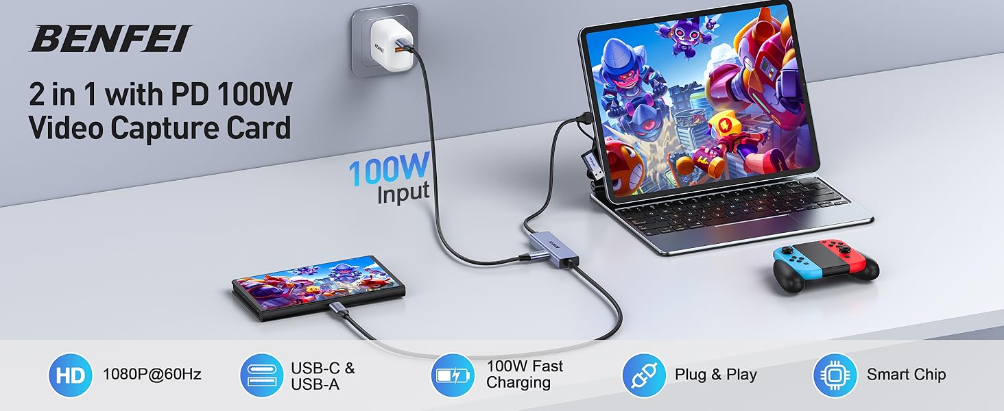 BENFEI USB C Video/Audio Capture Card Supporting Full HD 1080P 60FPS for Streaming, Recording