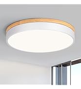 Modern LED Ceiling Light, Dimmable Wood Flush Mount Ceiling Lighting Fixture, 5CCT Round Wood Clo...