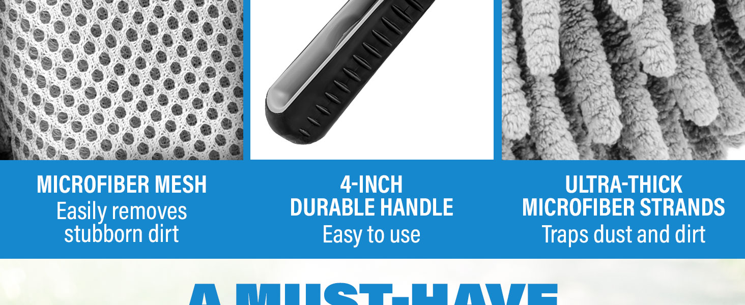 Car dash duster with microfiber mesh, anti-slip handle, and thick chenille fibers