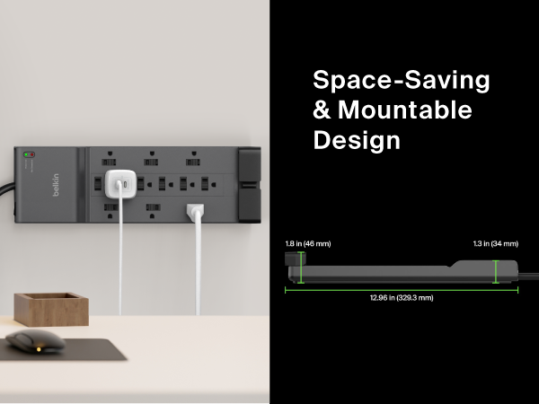 Image of power strip with plugs with text reading space saving and mountable design.