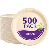 PACKINNO 10 Inch, 500 Pack Compostable Paper Plates Round Unbleached Brown Plates Made from Natur...