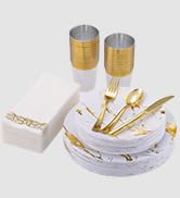 vplus 175PCS Gold Marbling Plastic Dinnerware .Halloween Disposable Dinnerware Sets, Include 25 D...