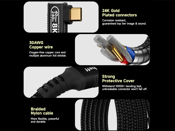Gold-plated connector, braided jacket, and reinforced strain relief for durability.