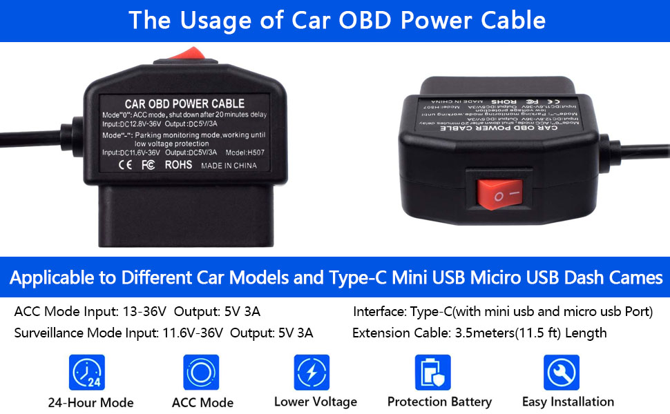 dash cam obd power obd cable