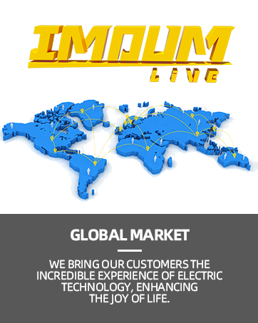 Stylized world map in blue on white background. Yellow 'IMDUM LIVE' text above. Text below mentions global market and electric technology experience.