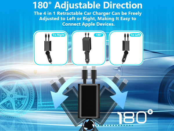 Retractable Car Charger USB C 120W USB C Car Charger 4-IN-1 PD/QC Power Cigarette Lighter Adapter