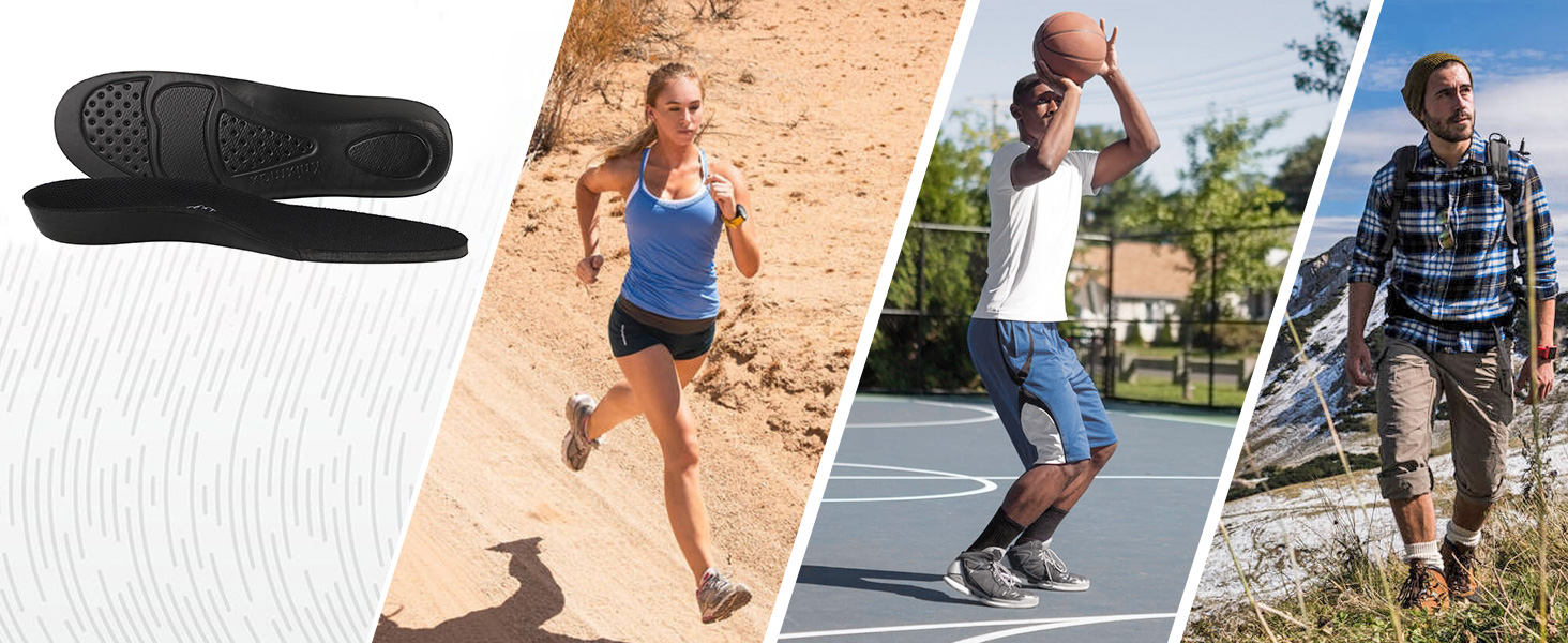 Composite image showing orthopedic shoe insoles and people engaged in various activities: running on sand, playing basketball, and walking outdoors.