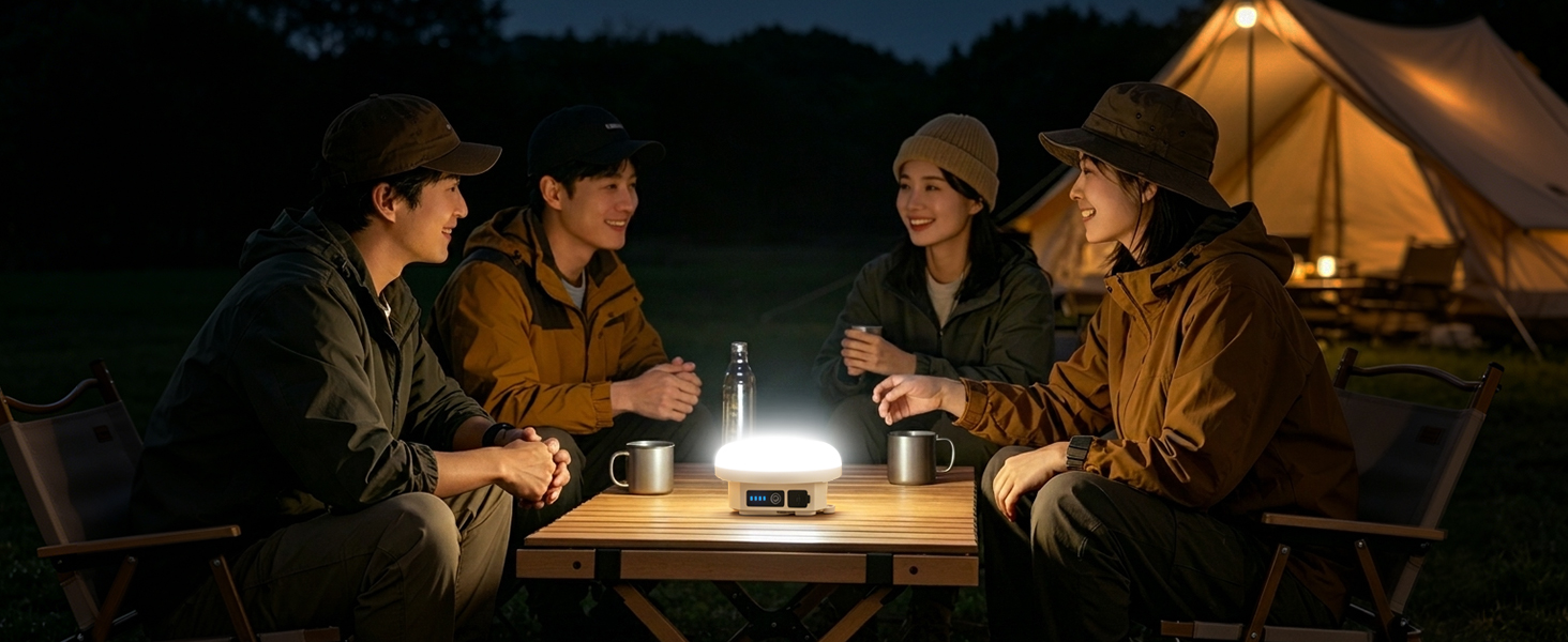 rechargeable camping lantern on a table at a night campsite with friends dining