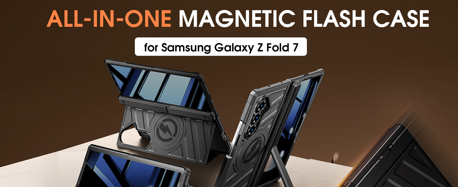 Text reads 'ALL-IN-ONE MAGNETIC FLASH CASE' and 'for Samsung Galaxy Z Fold 7'. Product appears to be a protective phone case with magnetic features.