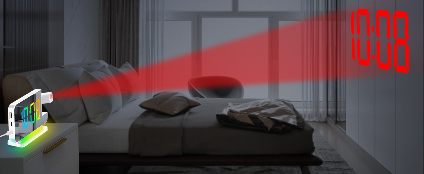 Projection Alarm Clock,7.4 in LED Mirror Digital Clocks Projection on Ceiling Wall,RGB Night Light