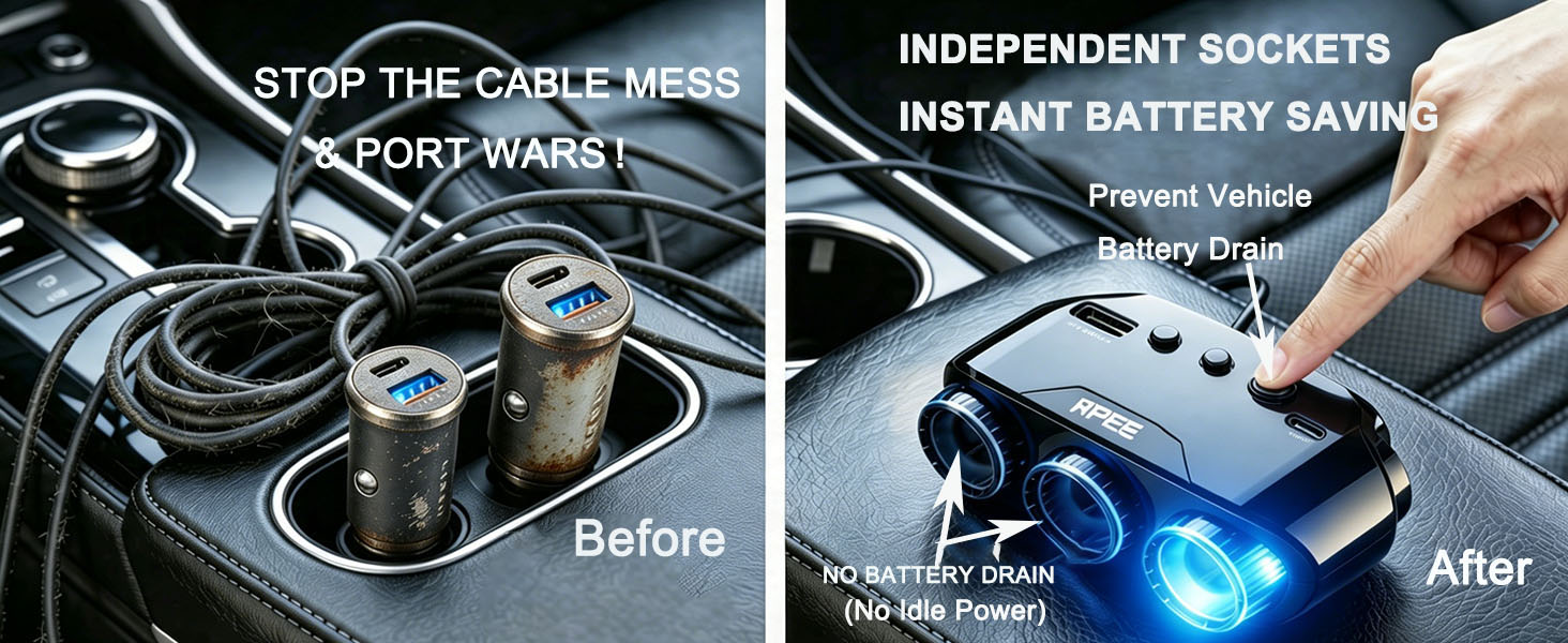 Independent power switches for each socket to prevent car battery drain and reduce plug wear