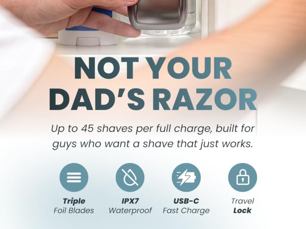 A young man putting an electric razor next to deodorant in a bathroom